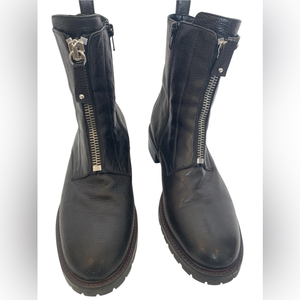 Napoleoni Made In Italy Black Leather Front Zip Combat Lug Sole Ankle Boots 9